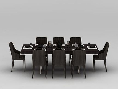 3d现代八人实木餐桌椅餐具组合模型