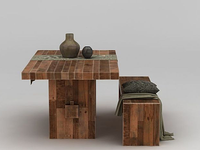 3d复古实木餐桌椅模型