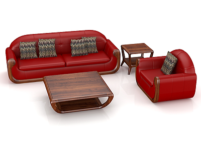 3d客厅红色真皮组合沙发模型