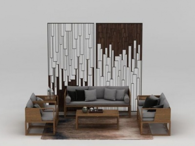3d中式简约木质沙发茶几组合模型