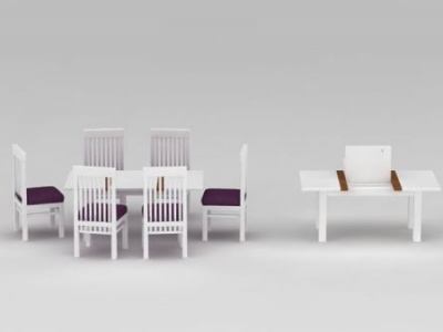 3d白色实木餐厅桌椅组合模型