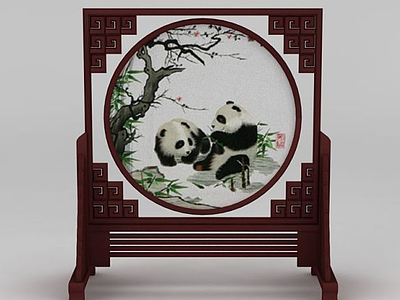 中式熊猫嬉戏屏风模型