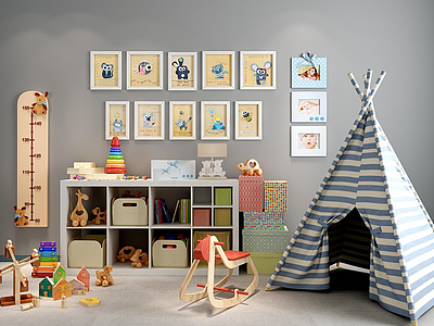 3d儿童房玩具储物柜相框墙组合模型