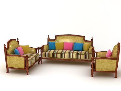 3d美式乡村黄色皮布沙发组合模型