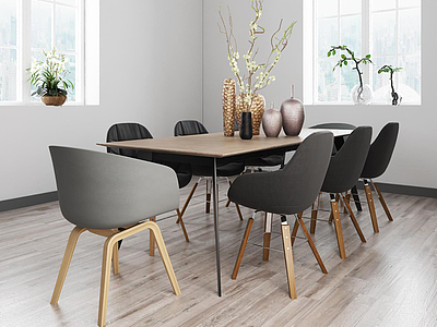 3d北欧咖啡色餐桌椅组合模型