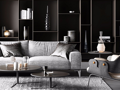 3d低奢休闲灰色布艺沙发茶几组合模型