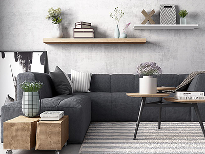 3d灰色休闲布艺沙发实木茶几组合模型