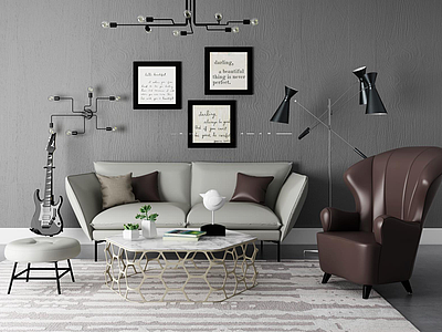 3d时尚咖啡色皮沙发椅浅灰色双人沙发茶几组合模型