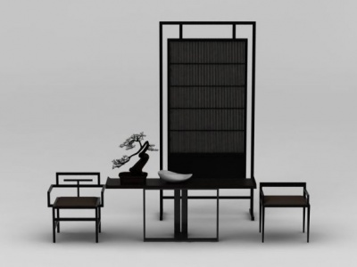 3d中式黑色实木桌椅组合模型