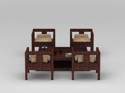 3d中式传统实木椅子茶几组合模型