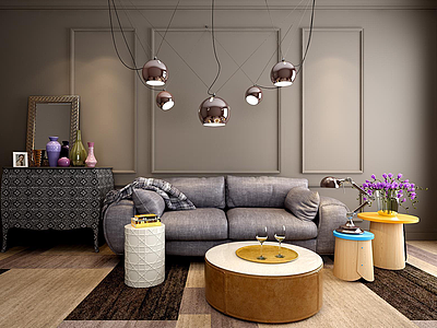 3d灰色休闲沙发茶几吊灯组合模型