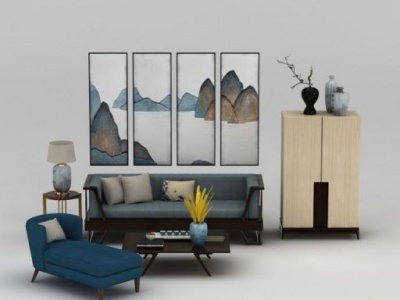 3d中式简约客厅沙发陈设品模型