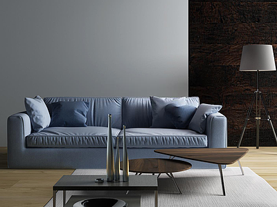 3d时尚蓝色布艺沙发茶几组合模型