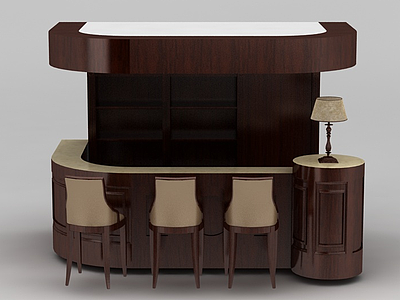 3d现代实木吧台吧椅酒柜模型