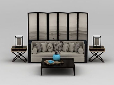 3d新中式客廳沙發陳設品組合模型