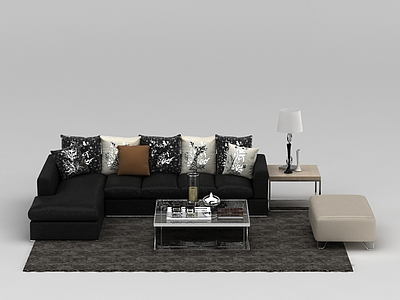 现代黑色布艺沙发茶几组合模型