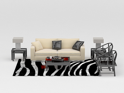 3d现代米色布艺沙发茶几组合免费模型