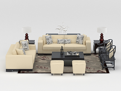 3d中式现代沙发茶几组合免费模型