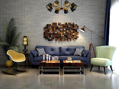 3d现代蓝色布艺沙发实木茶几组合模型