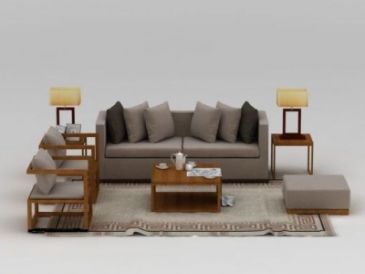 现代实木灰色布艺茶几沙发组合模型3d模型