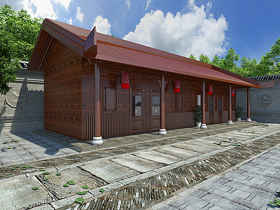 中式木屋围墙建筑模型3d模型
