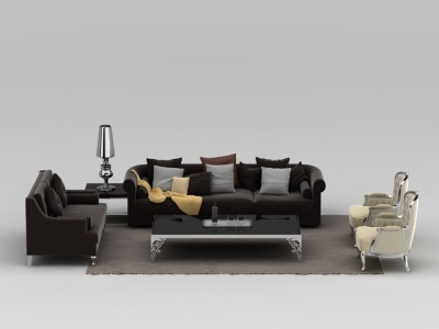欧式绒布沙发茶几组合模型