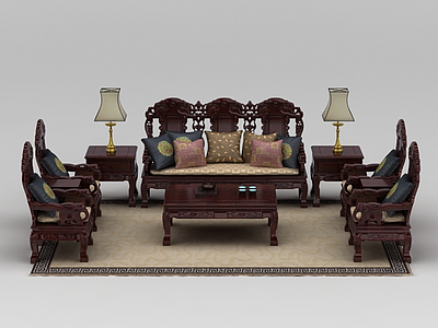 3d中式红木雕花组合沙发模型
