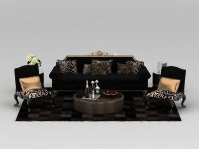 3d欧式黑色布艺沙发茶几组合模型