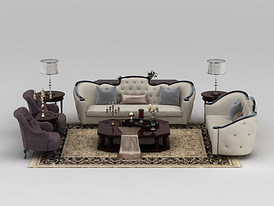 3d欧式米色软包沙发茶几组合模型