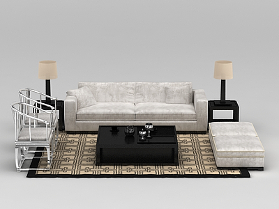 3d中式黑白拼色沙发茶几组合免费模型