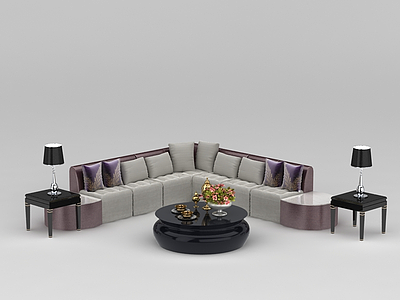欧式紫色软包布艺组合沙发模型
