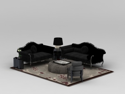 3d欧式精品黑色绒布沙发套装模型