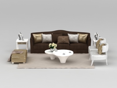 3d欧式咖啡色布艺沙发茶几组合模型