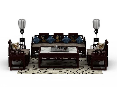 3d中式实木雕花组合沙发模型