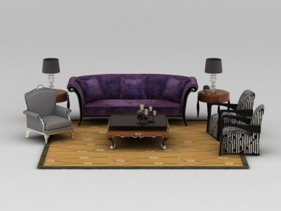 欧式紫色绒布沙发茶几组合模型3d模型