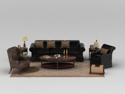 欧式黑色皮质组合沙发模型3d模型