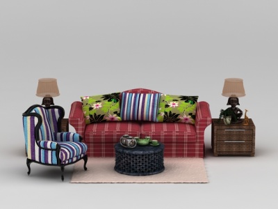 3d欧式格子布艺组合沙发模型