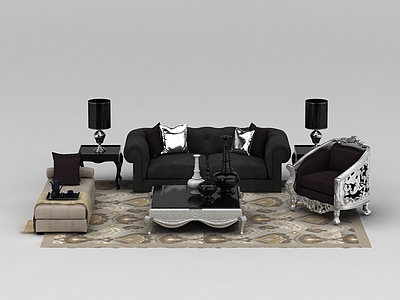 3d欧式黑色绒布组合沙发模型