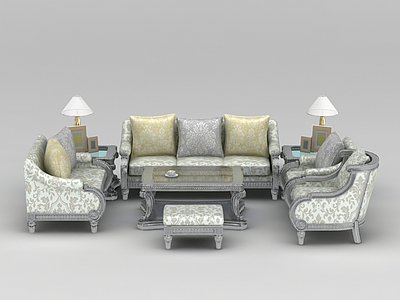 3d欧式印花布艺组合沙发免费模型