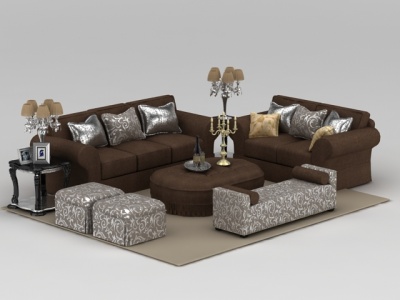 3d欧式咖啡色软包布艺组合沙发模型