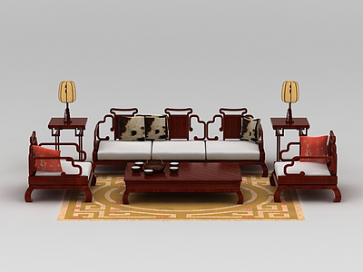 中式红木雕花沙发茶几组合模型3d模型