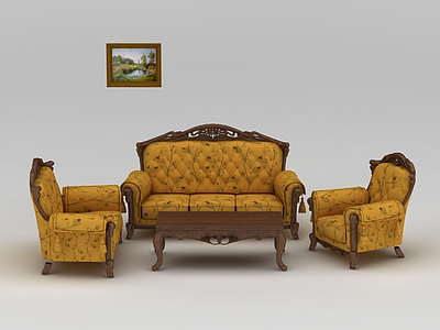 欧式雕花实木软靠沙发组合模型3d模型