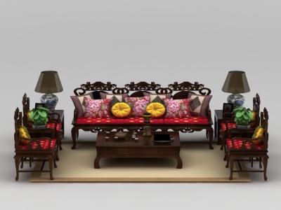 中式实木沙发茶几组合模型3d模型