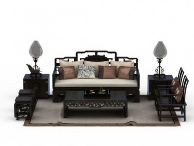 中式黑色实木组合沙发模型3d模型