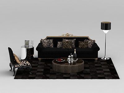 欧式黑色布艺组合沙发模型