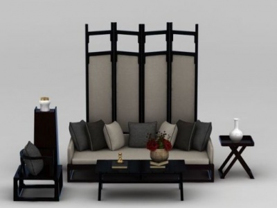 3d现代中式客厅沙发屏风组合模型
