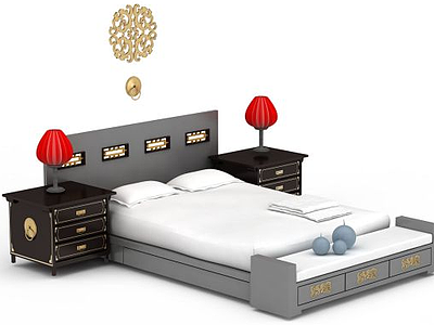 3d新中式豪华双人床免费模型