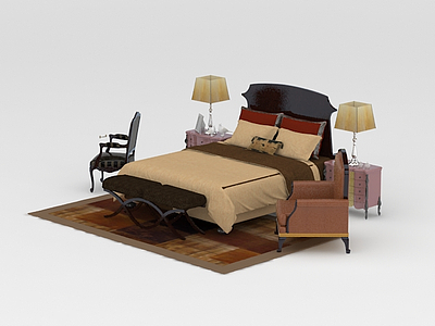 3d欧式软靠双人床整体家具免费模型