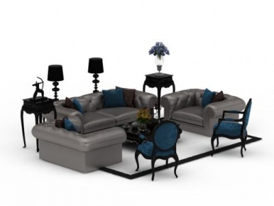 欧式灰色软包沙发茶几组合模型3d模型