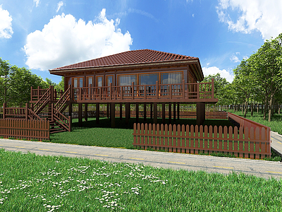 3d中式木屋别墅模型